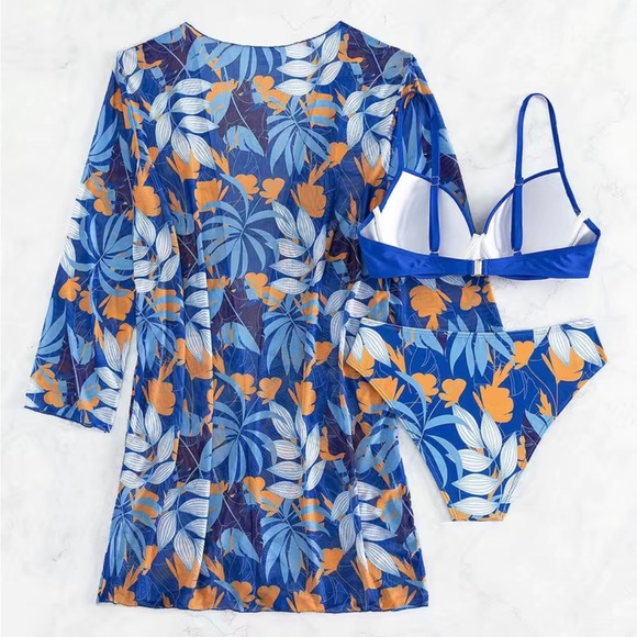 Boho 3 piece floral print push up bikini swimsuit - Picture 3 of 4